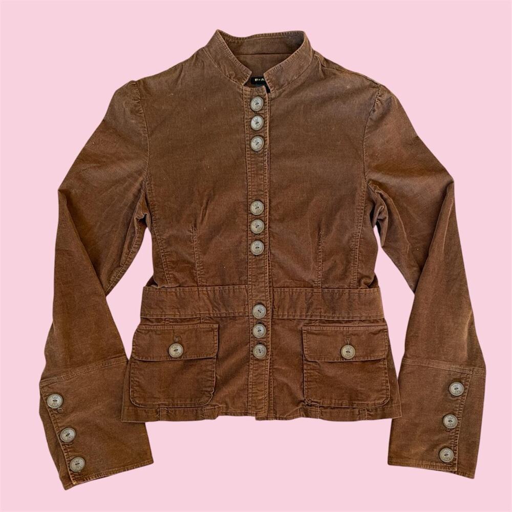 Y2K FANG Brown corduroy button up jacket with pockets and button cuffs,